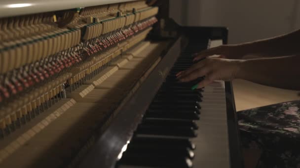 Woman Playing Upright Piano Open Sound Board Showing Hammers Striking — Stock Video