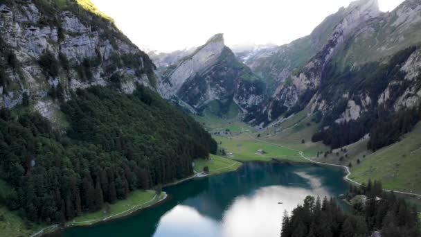 在瑞士阿彭策尔湖的空中俯冲向湖面 映照出了湖面上的阿尔卑斯泰因峰 — 图库视频影像