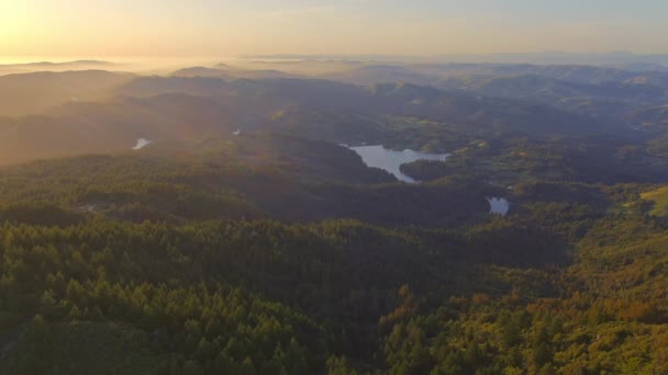 Vista Aérea Cinematográfica Montanhas Cobertas Floresta América Norte Raios Sol — Vídeo de Stock