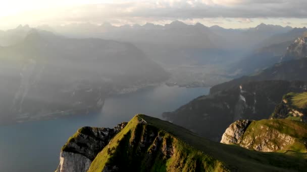 スイスアルプスの黄金の夏の朝に見えるルツェルン湖 ウリ湖と湖畔のフィヨルドと崖とNiederbauenチュルムの頂上の空中飛行 — ストック動画