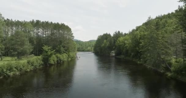 Drone Volando Sobre Hermoso Río Verano Luego Subiendo Bajando Gente — Vídeos de Stock