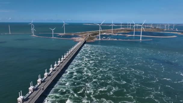 Aerial Drone Shot Oosterschelde Storm Surge Barrier Green Energy Wind — Stock Video