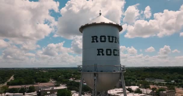 Downtown Rock Water Tower Aerial Orbit Close Summer Day Blue — Stock Video