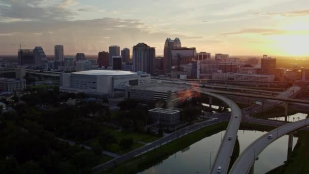 Drone Shot Downtown Orlando Răsăritul Soarelui — Videoclip de stoc