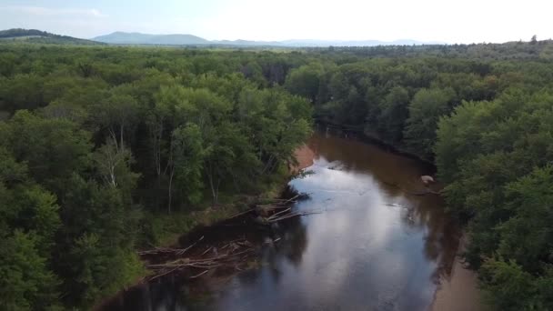 Drone Disparo Una Montaña Árboles Cielo Reflejándose Una Curva Río — Vídeos de Stock