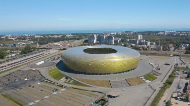 Cinematic Establishing Aerial View Polsat Arena Gdansk Lengyelország Lechia Otthona — Stock videók