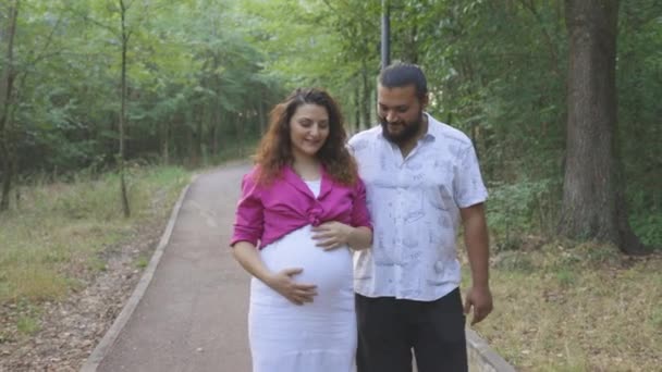 Pareja Feliz Esperando Bebé Mujer Embarazada Padre Para Caminar Parque — Vídeos de Stock