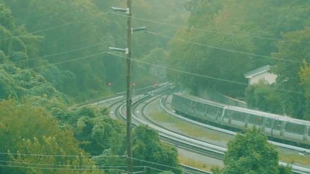 土砂降りの雨のトンネルに向かう列車 — ストック動画