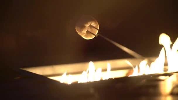 Lekkere Witte Marshmallow Spies Roosterend Boven Gasvuurplaats — Stockvideo