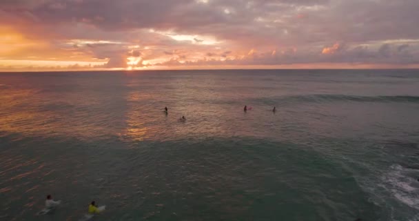 Surfistas Espera Ondas Oceânicas Pôr Sol Oahu Havai Vista Sobrevoo — Vídeo de Stock