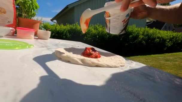 Shot Swedish Male Chef Making Italian Stlye Pizza Outdoors — Stock Video