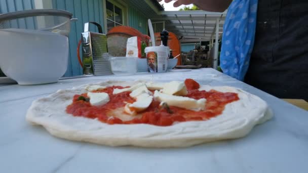 Shot Male Chef Putting Mushrooms Home Made Italian Style Pizza — Stock Video