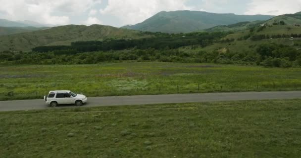 ジョージア州のAspindza近くの緑の草原や山々を通過する道路で白い四輪Suv車 — ストック動画