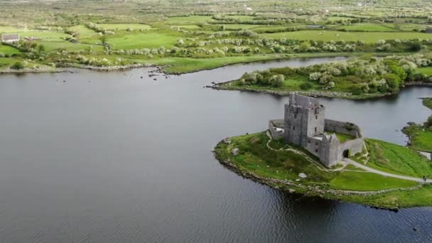 Cinematic Aerial Shot Medium Distance Orbit Medieval Castle Dunguaire Sunny — Stock Video