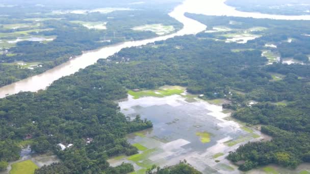 Überschwemmtes Land Und Reisfelder Bangladesch Drohnenaufnahme Aus Der Luft — Stockvideo