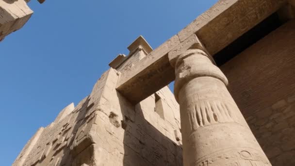 Hieroglyfer Ristade Väggar Och Pelare Berömda Tempelruiner Luxor Egypten Titta — Stockvideo