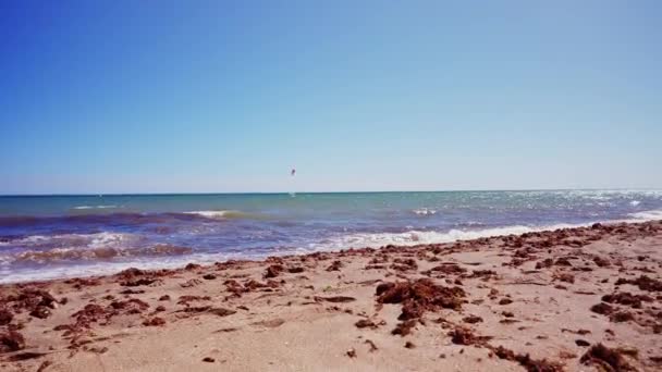 马拉加附近的海滩 向右转 让人们和风筝冲浪者看到海岸线上的风景 — 图库视频影像