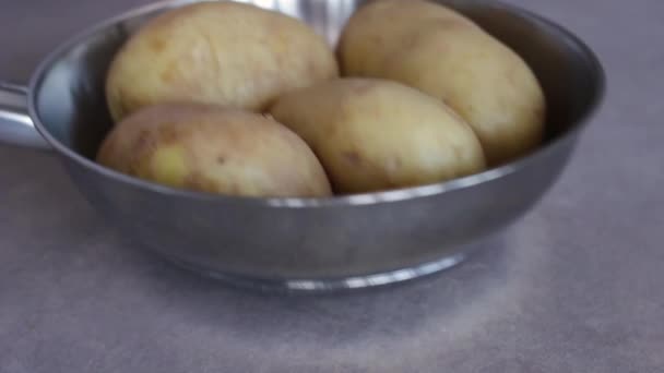 新鲜的未煮熟的土豆和无皮碗中的皮 关门了 — 图库视频影像