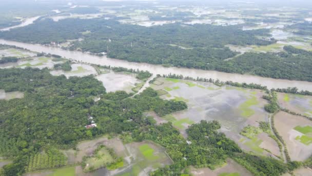 Überflutete Niederungen Und Überflogene Flüsse Norden Bangladeschs Aus Der Luft — Stockvideo