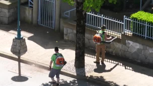 Werknemers Blazen Bladeren Van Baan Met Bladblazer Gereedschap — Stockvideo