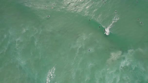 オーストラリアのニューサウスウェールズ州のDuranbah Beachでのサーファー乗馬波のトップダウンビュー ドローン撮影 — ストック動画