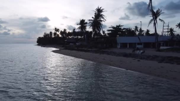 Aerial Push Out Two People Kayak Water Beach Dusk — Stock Video