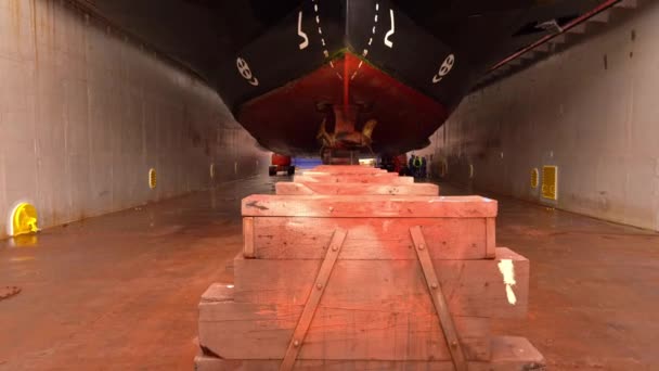 Ship Drydock Low Angle Ships Hull While Walking Forward Tilting — Stock Video