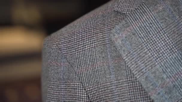 Trying Thickness Grey Tweed Suit Jacket Shoulder Pad Close — Stock Video