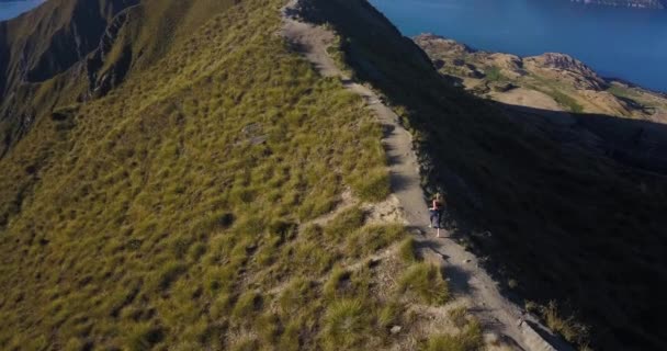 Отслеживание Воздушного Снимка Высокой Блондинки Бегущей Тропе Вершину Горы Затем — стоковое видео