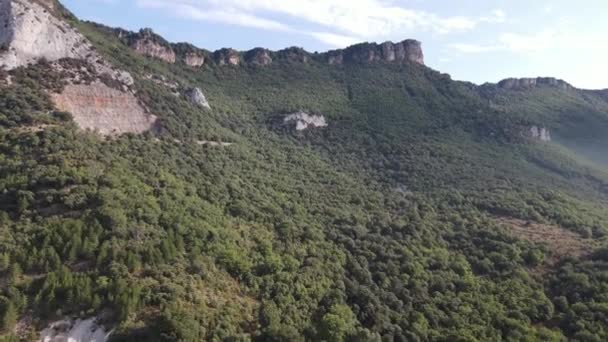 レイア修道院近くの山岳緑の森と岩場の露頭 スペイン ナバラ — ストック動画