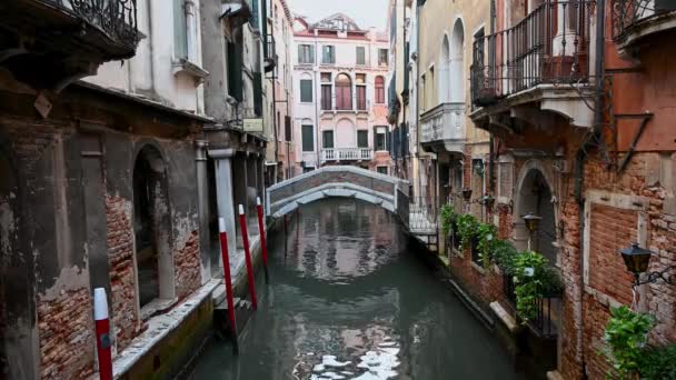 Quiet Morning Picturesque Canal Venice Tourists Sight Tripod Shot — Stock Video