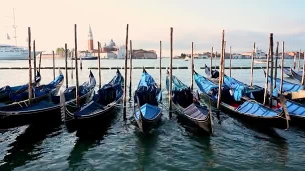 在威尼斯一个美丽的早晨 一群贡多拉人带着圣乔治 马吉奥尔在一个美丽的早晨漂浮着 — 图库视频影像