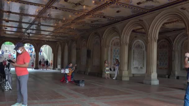Hudebník Hrající Kytaru Podchodu Central Parku New Yorku — Stock video