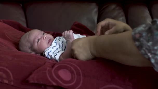 Calm Adorable Newborn Baby Looking Whilst Mother Changes His Nappy — Stock Video