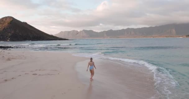 Giovane Donna Bionda Costume Bagno Piedi Sulla Spiaggia Alle Hawaii — Video Stock