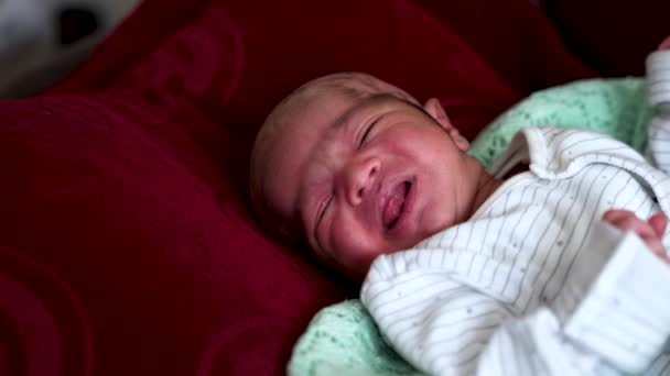 ベッドの上で寝そべっているアジア系インド人の新生児 スローモーション — ストック動画