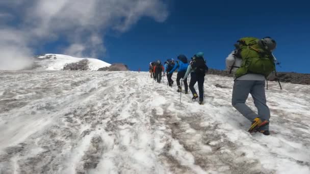 导游慢慢地徒步穿越珠峰 雷尼尔的雪地在通往山顶的路上 — 图库视频影像