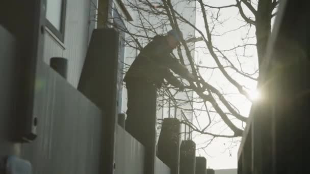 Working Man Helmet Standing Boat Being Transported Handing Handsaw Coworker — Stock Video