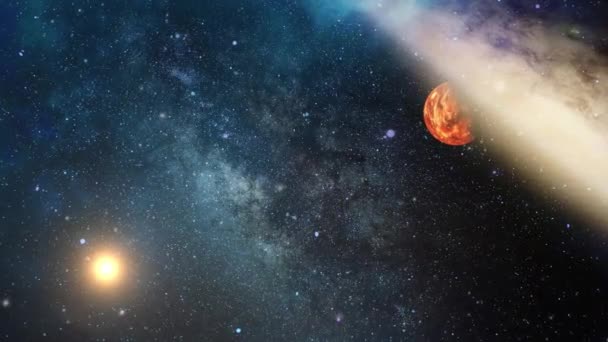 Планета Сонячно Освітленою Туманністю Хмарний Фронт Всесвіт — стокове відео