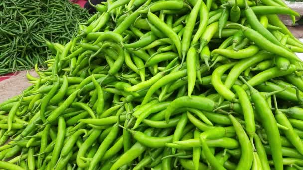 印度马哈拉施特拉邦每周市场上展示的新鲜收获的绿辣椒和辣椒特写 — 图库视频影像