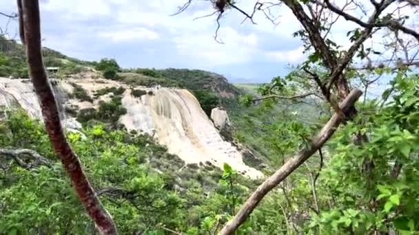 Dolly Vista Panorámica Entre Ramas Árboles Del Sitio Termal Natural — Vídeo de stock