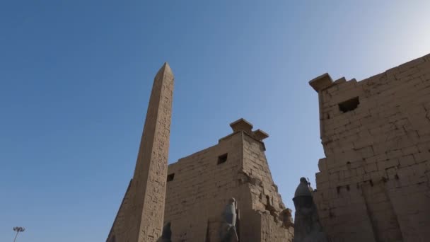 Pomalý Pan Dolů Luxor Chrám Turisty Fotografování Úžasné Sochy Egypt — Stock video