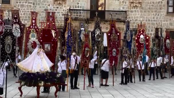 Geleneksel Folklor Yürüyüşü Şovu Plaza Danza Oaxaca Nsanlar Renkli Bayraklar — Stok video