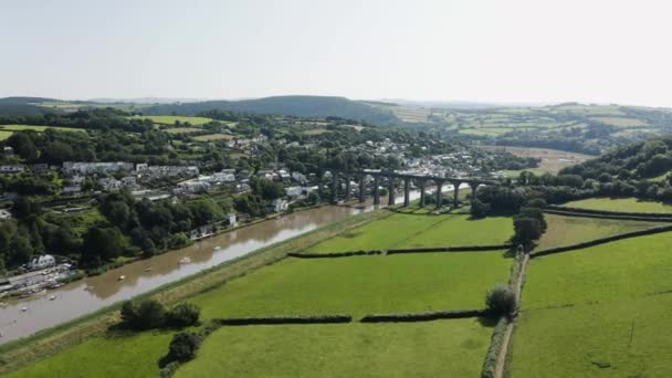 Panorama Powietrzna Rzeki Tamar Widokiem Wiadukt Calstock South East Cornwall — Wideo stockowe