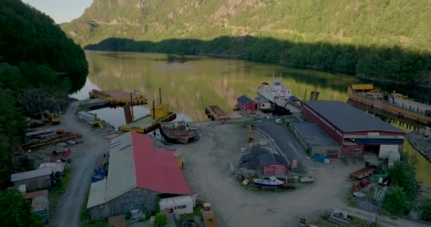 Old Industrial Ferry Harbour Fjord Norway Drone Riser — Stock video