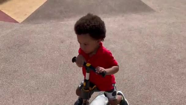 Dwuletnie Afrykańskie Europejskie Dziecko Zabawnie Jeździ Swojej Pierwszej Deskorolce Czerwonej — Wideo stockowe