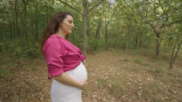 Tracking Shot Pregnant Woman Expectant Mother Walking Alone Forest Attraente — Video Stock