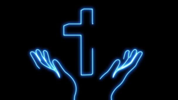 Croce Gesù Cristo Tra Due Mani Blu Fluo Animazione Della — Video Stock