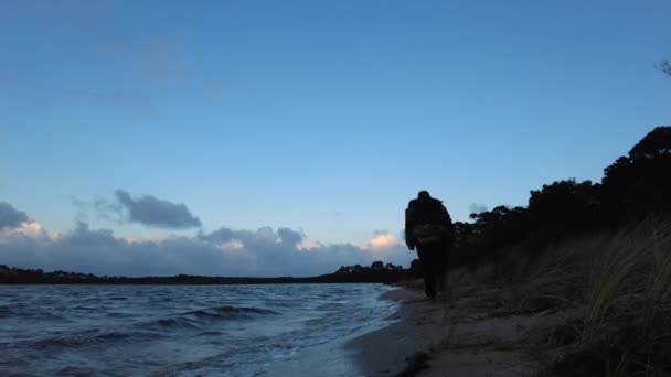 Mężczyzna Spacerujący Plaży Mroźny Zimowy Poranek Tasmania Australia — Wideo stockowe