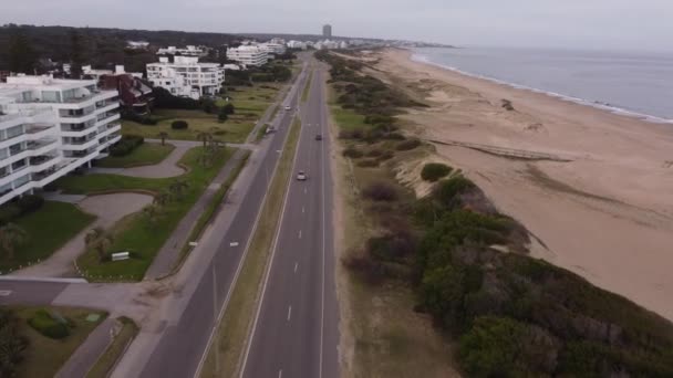 ウルグアイのプンタ エステの海岸線沿いの大通りを走行する4輪車の空中追跡ショット — ストック動画